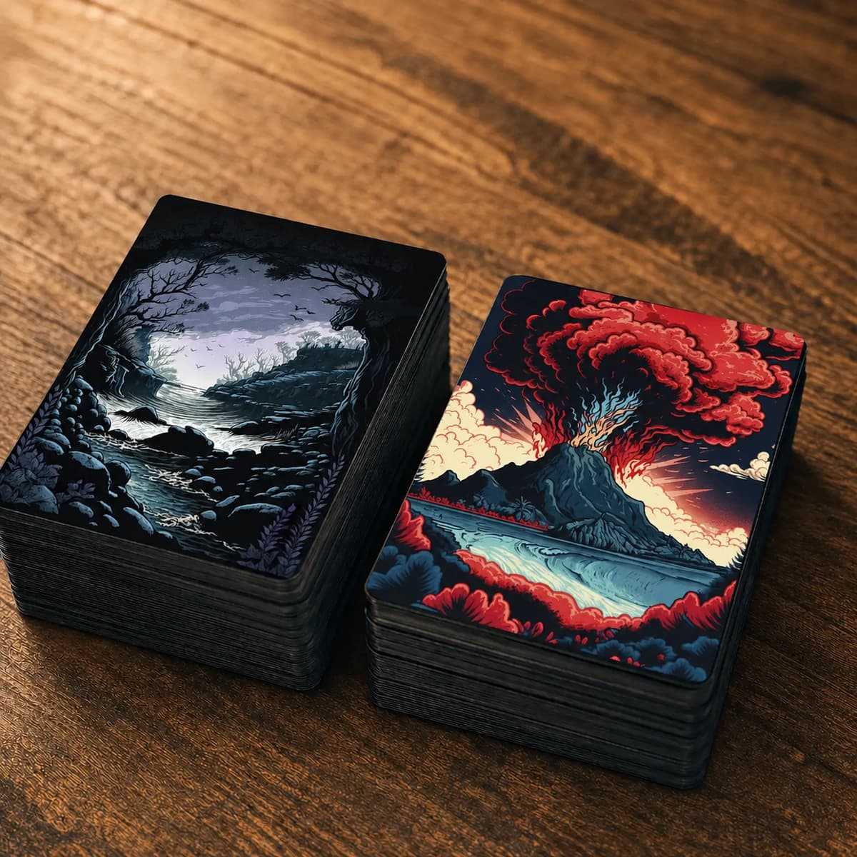 Two stacks of text-free illustrated cards showing their dark layered edges