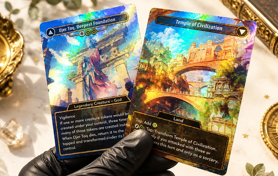 Foil printed cards catching warm directional light