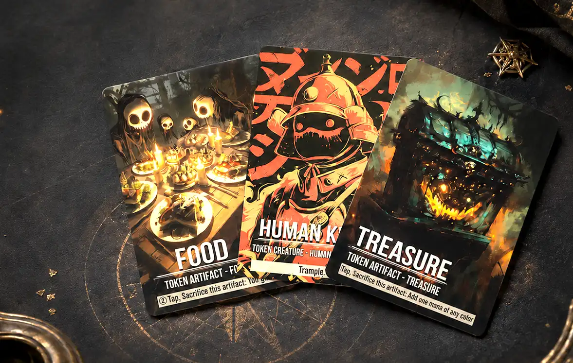 Regular printed token cards showing full-color art on the black-core stock