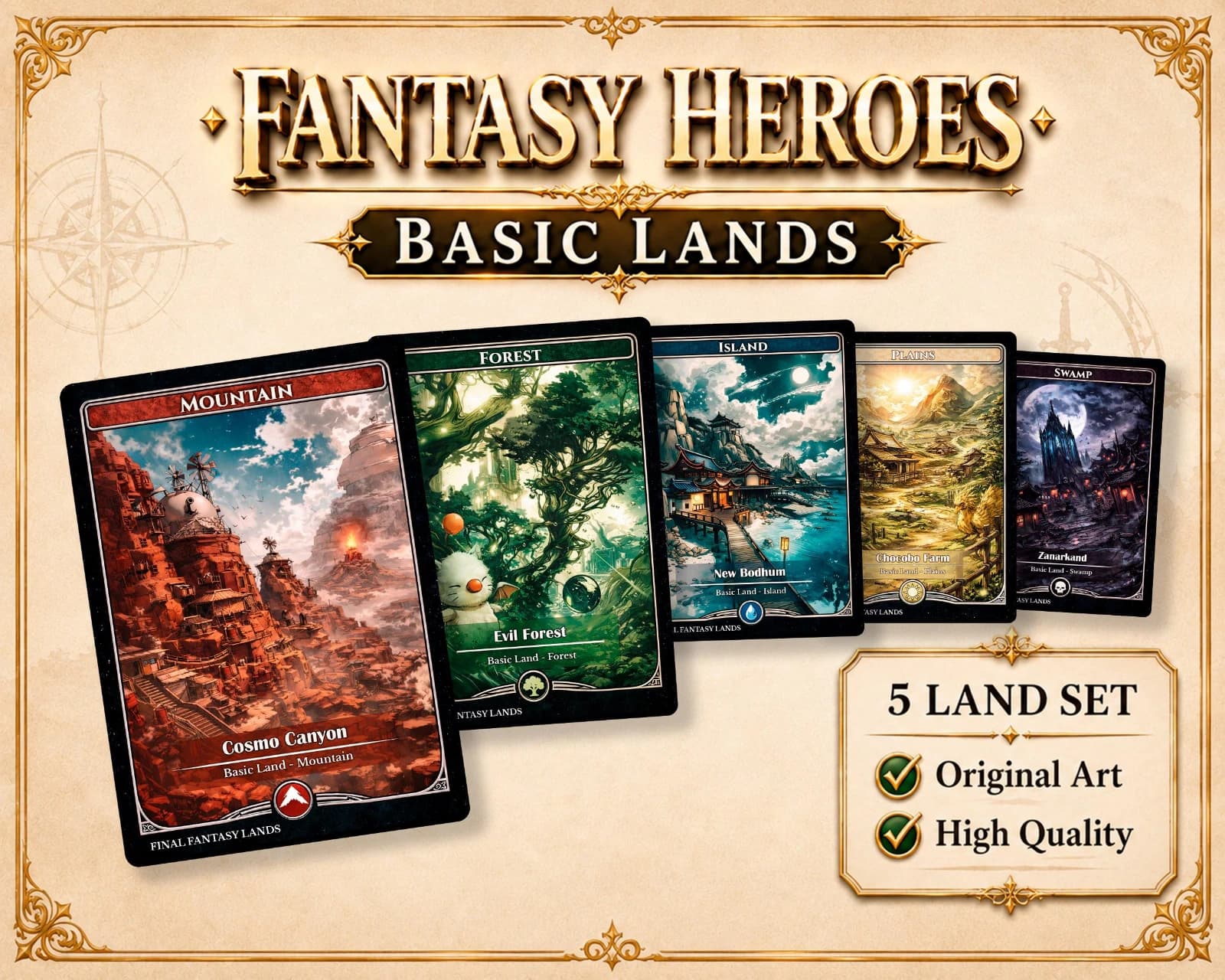 Fantasy Lands – 5 Basic Land Proxy Cards Set